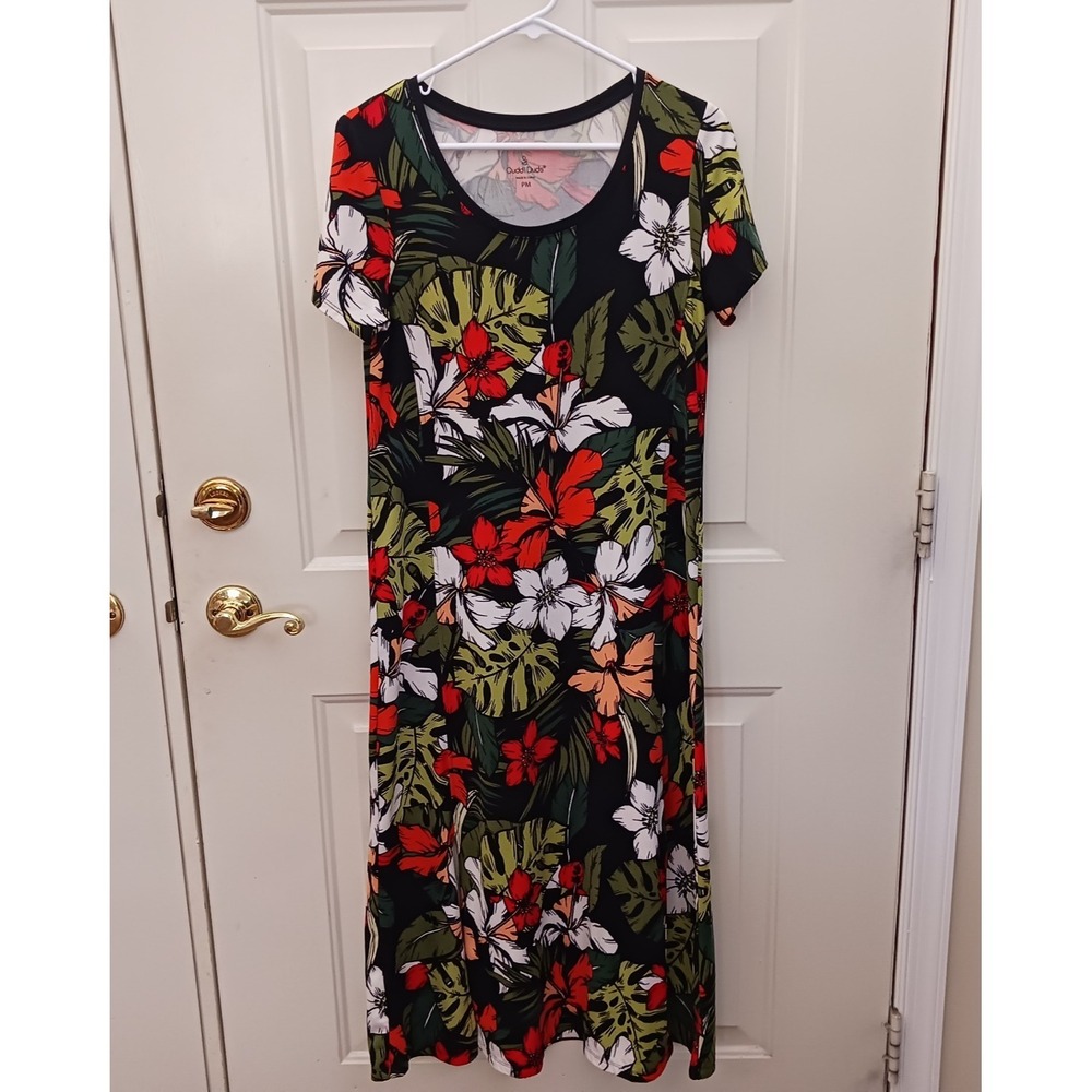 Cuddl Duds Maxi Dress Womens Red Aloha Floral‎ Short Sleeve Stretch Slit Sz PM